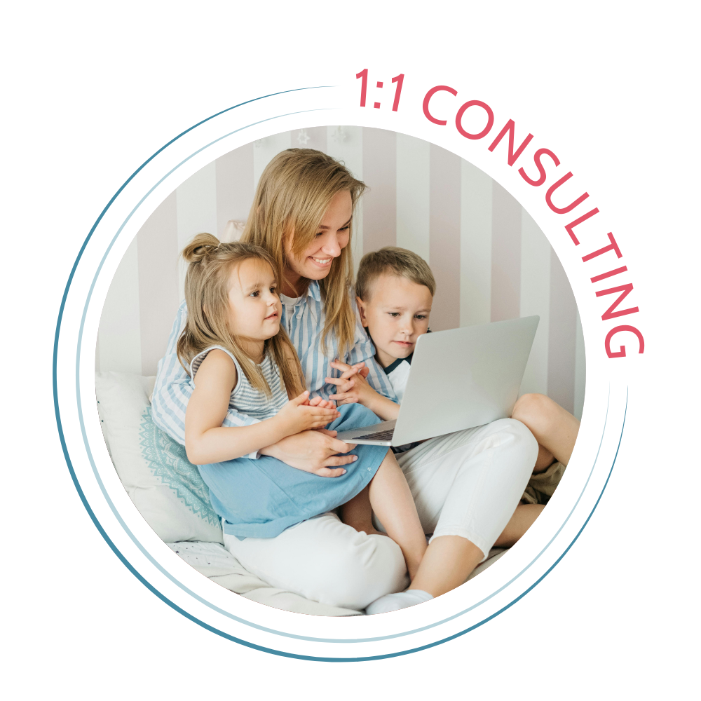 1:1 Consulting button with woman and young children looking at computer