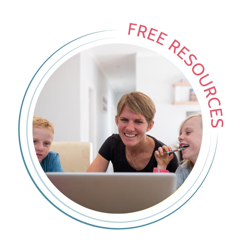 Free resources button with a woman and two middle school aged children looking at computer on table and smiling